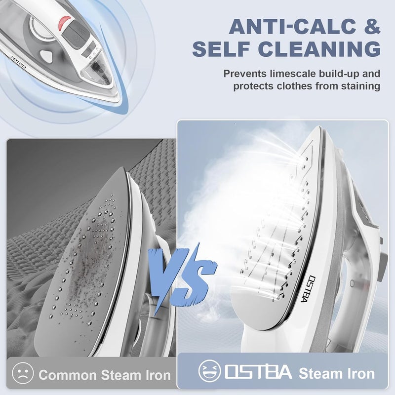OSTBA 1600W Steam Iron for Clothes with Rapid Heating Nonstick Soleplate, Precise Thermostat Dial, Self-Cleaning, Anti-limescale, Drip Stop Function, 300ml Water Tank Clothes Iron - Image 5